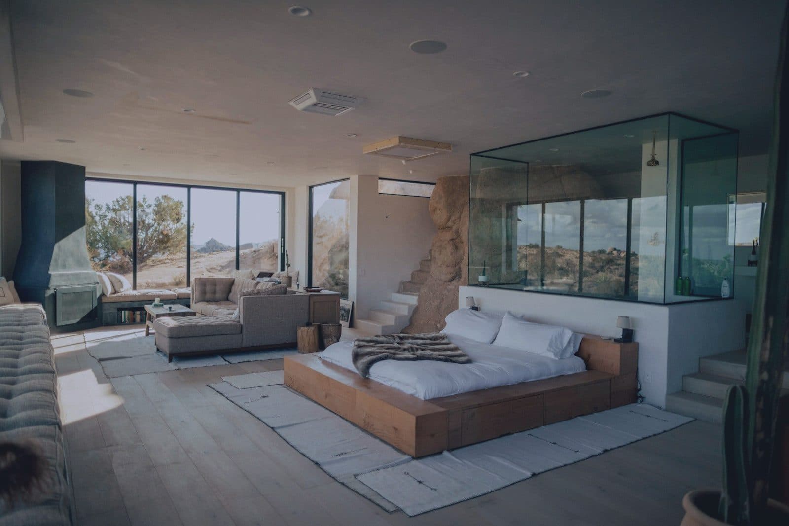 The same bedroom graded as a cinematic film frame